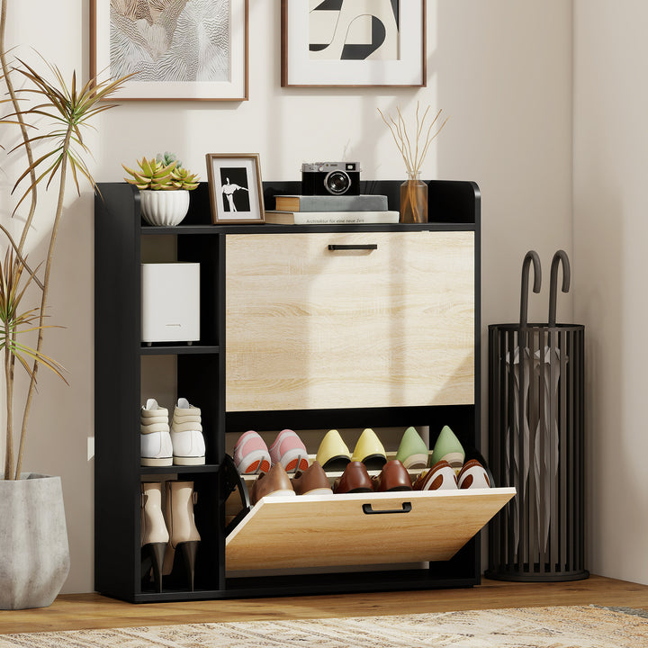 Sapateira Estreita 2 Portas Sapateira para Entrada Corredor com 3 Prateleiras Laterais e Prateleiras Ajustáveis para 15 Pares de Sapatos Para Corredor Espaço Reduzido 83x24x90,5 cm Madeira e Preto