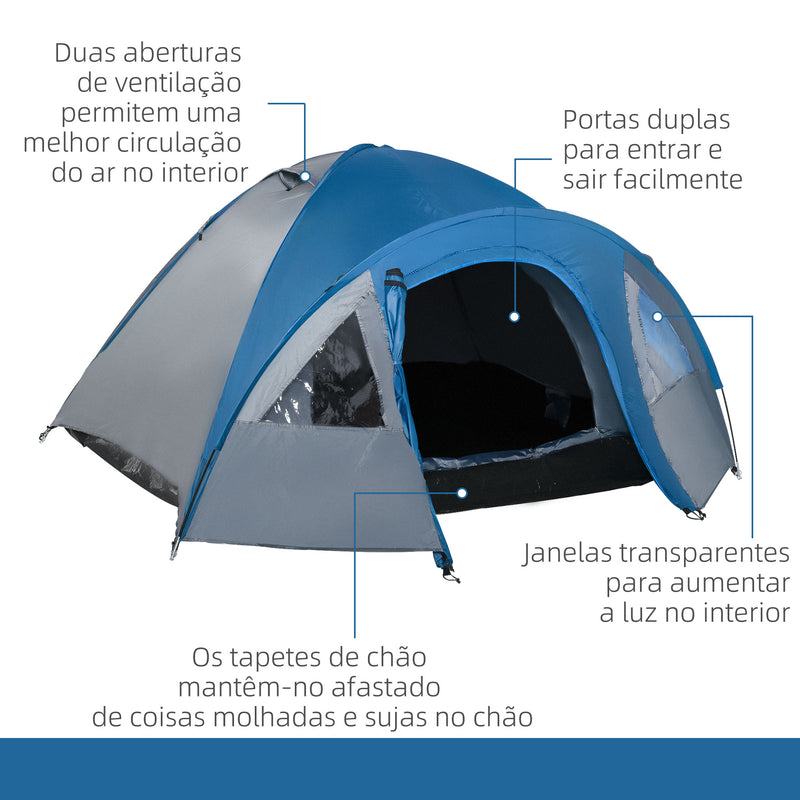 Tenda de Campismo para 4 Pessoas Tenda de Campismo com Janelas 2 Bolsos e Bolsa de Transporte 300x250x130 cm Cinza e Azul