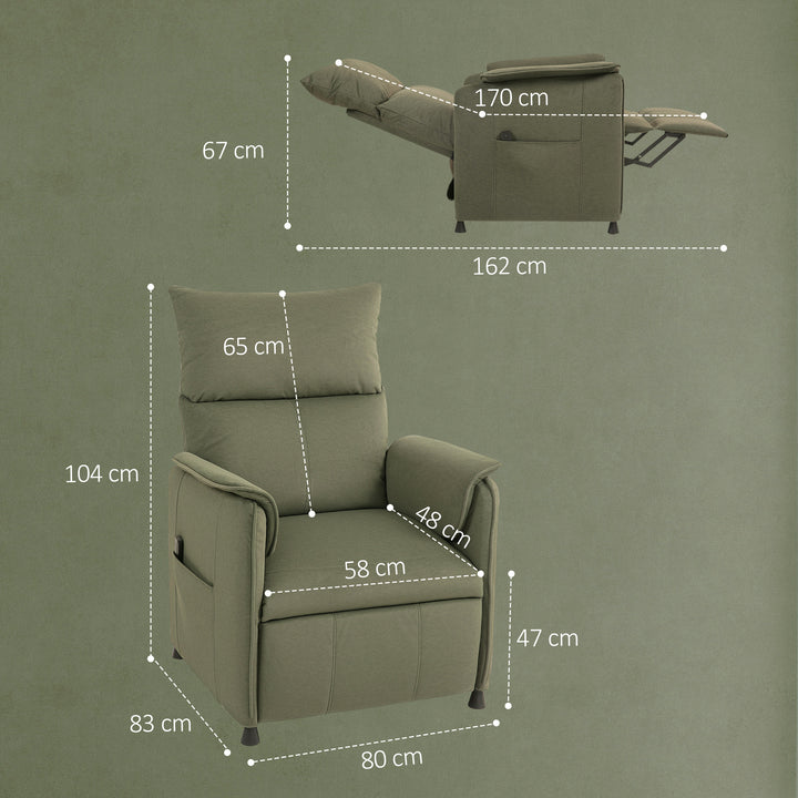 Poltrona Relax Reclinável Elétrica Poltrona Reclinável Silenciosa com Função Memória Apoio para Pés Controlo Remoto e Bolsos Laterais para Dormitório Sala de Estar 80x83x104 cm Verde Escuro