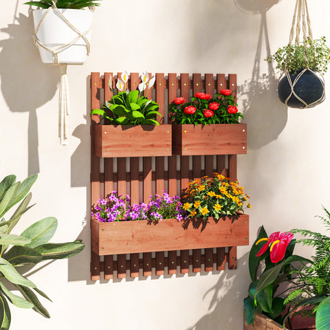 Floreira de Parede com Treliça Floreira Vertical de Madeira com 4 Vasos Móveis e Orifício de Drenagem para Jardim Varanda Pátio 60x16x80 cm Castanho