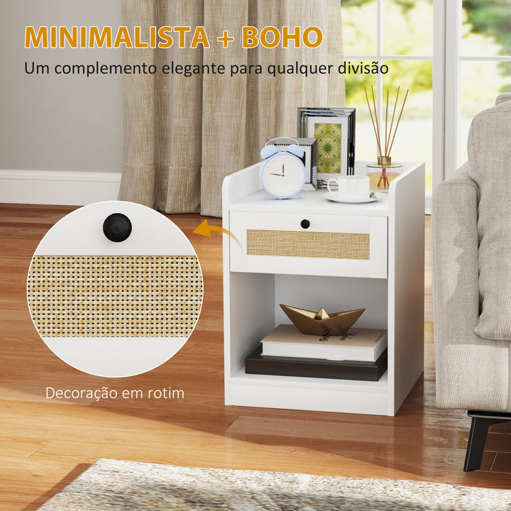 Conjunto de 2 Mesas de Cabeceira Mesas de Cabeceira para Dormitório com Gaveta em Vime Mesa de Cabeceira para Dormitório 40x40x53 cm Branco