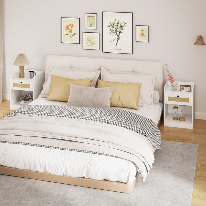 Conjunto de 2 Mesas de Cabeceira Mesas de Cabeceira para Dormitório com Gaveta em Vime Mesa de Cabeceira para Dormitório 40x40x53 cm Branco