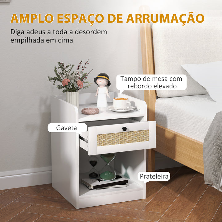 Conjunto de 2 Mesas de Cabeceira Mesas de Cabeceira para Dormitório com Gaveta em Vime Mesa de Cabeceira para Dormitório 40x40x53 cm Branco