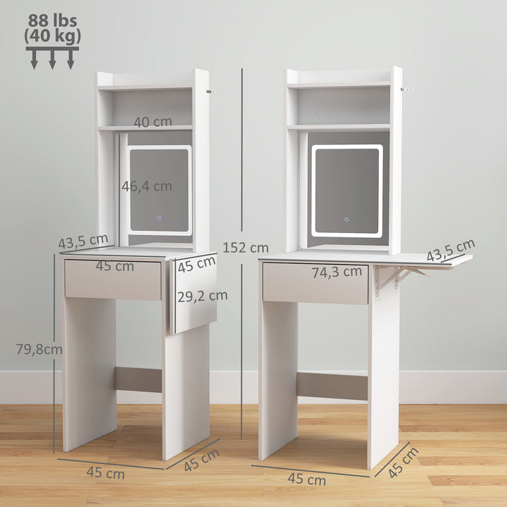 Tocador de Maquilhagem com Luzes LED de Cor Ajustável e Espelho Tocador com Lateral Rebatível Gaveta Compartimentos Abertos para Espaços Pequenos 45x45x152 cm Branco