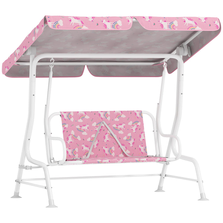 Baloiço de Jardim Exterior Infantil de 2 Lugares, Baloiço de Jardim com Toldo Ajustável, Cintos de Segurança, Design de Unicórnio e Arco-Íris, para Interior e Exterior, 112x75x120 cm, Rosa