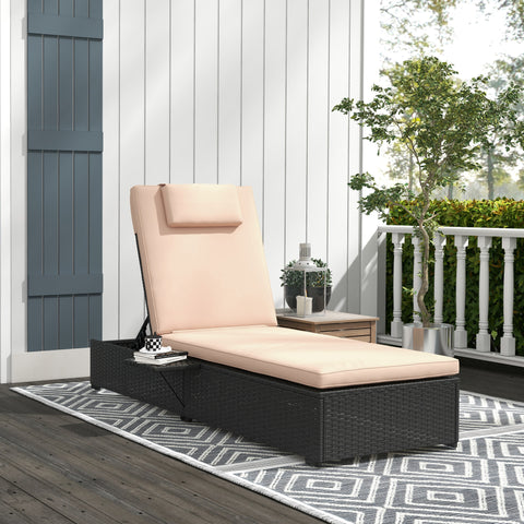 Espreguiçadeira de Vime Reclinável para Jardim com Encosto Ajustável em 5 Níveis, Mesinha e Almofada, Suporta 120 kg para Pátio ou Terraço, Preto e Bege