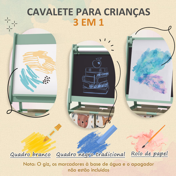 Cavalete para Crianças 3 em 1 Cavalete Infantil de Dupla Face Cavalete de Arte com Rolo de Papel Quadro e 2 Cestas de Armazenamento 54x46,5x93 cm Verde