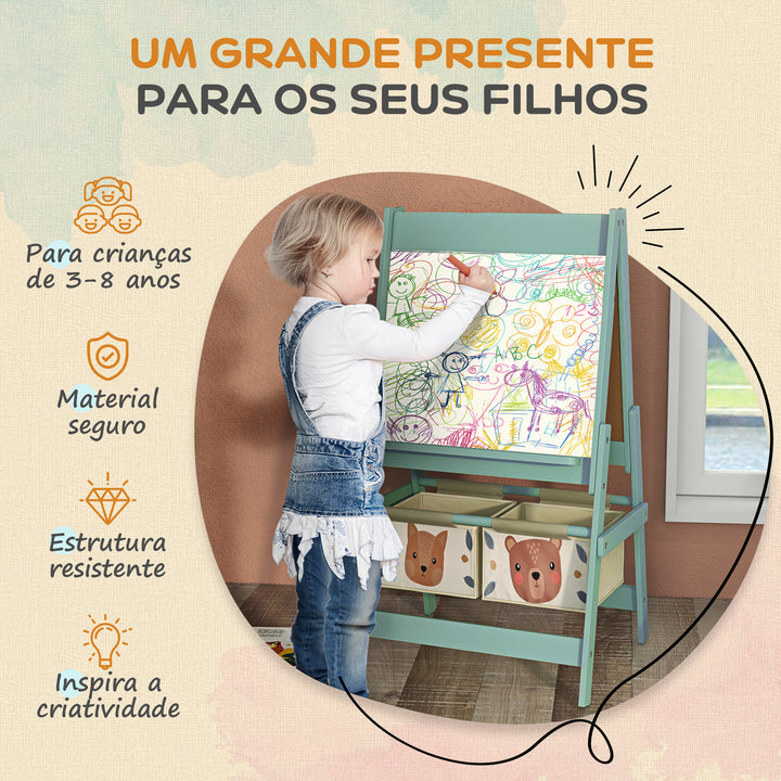 Cavalete para Crianças 3 em 1 Cavalete Infantil de Dupla Face Cavalete de Arte com Rolo de Papel Quadro e 2 Cestas de Armazenamento 54x46,5x93 cm Verde