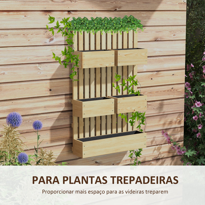 Floreira de Parede com Treliça Floreira Grande de Madeira com 5 Vasos Ajustáveis Tecido Não Tecido e Orifícios de Drenagem para Exterior, Jardim Terraço Pátio 60x16x100 cm Madeira