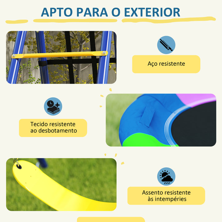 Baloiços para Crianças acima de 3 Anos 6 em 1 Baloiços Jardim Exterior com Baloiço Ninho Corda com Disco Rede para Escalar Escada e Aro de Basquetebol Multicor