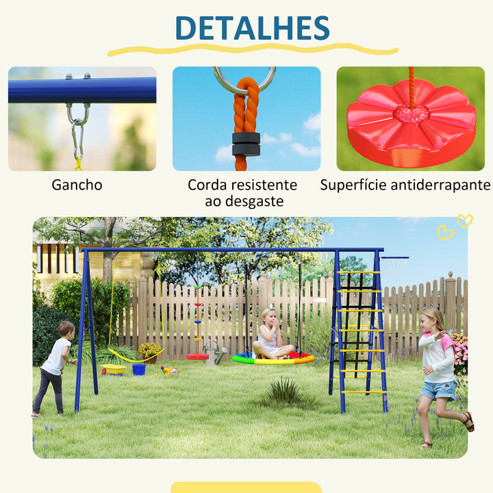 Baloiços para Crianças acima de 3 Anos 6 em 1 Baloiços Jardim Exterior com Baloiço Ninho Corda com Disco Rede para Escalar Escada e Aro de Basquetebol Multicor