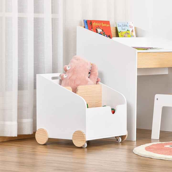 Caixa de Armazenamento de Brinquedos de 2 Seções com Rodas Puxador Carrinho de Madeira Infantil 40x43x43cm Branco e Madeira Natural