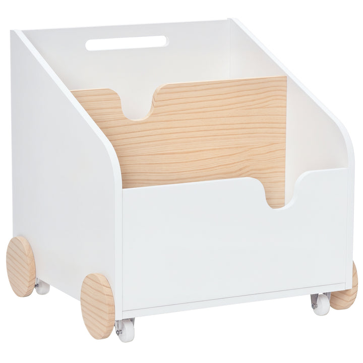 Caixa de Armazenamento de Brinquedos de 2 Seções com Rodas Puxador Carrinho de Madeira Infantil 40x43x43cm Branco e Madeira Natural