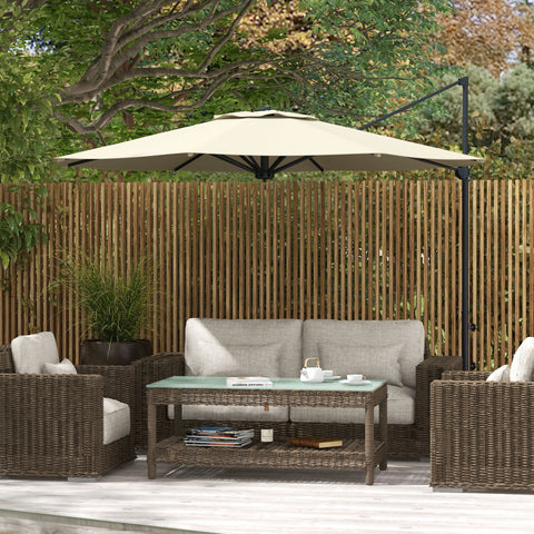 Chapéu de Sol Excêntrico Ø294x242 cm Chapéu de Sol de Jardim com Altura Ajustável Mastro Giratório 360° Ângulo Ajustável e Ventilação Superior para Pátio Piscina Creme