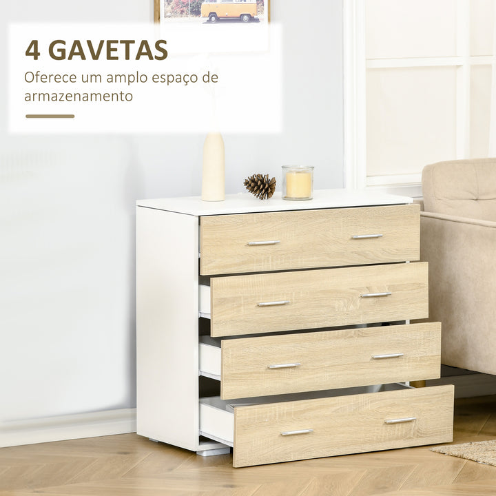 Cómoda com 4 Gavetas Cómoda Auxiliar de Armazenamento Moderna para Dormitório Corredor Sala de Estar 76x35x72cm Carvalho e Branco