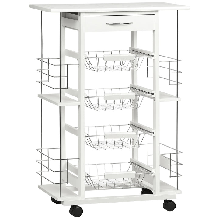 Carrinho de Cozinha com Rodas Carrinho de Cozinha com Bancada Gaveta 4 Cestas de Metal e 4 Suportes para Temperos Laterais para Cozinha 57x37x83cm Branco