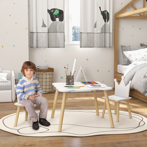 Mesa e Cadeiras Infantis de 3 Peças Mesa Infantil com 2 Cadeiras com Encosto em Forma de Coroa para Crianças de 3-6 Anos para Sala de Jogos Dormitório Escola Infantil Branco