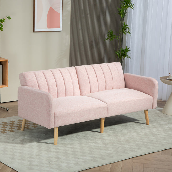 Sofá Cama de 2 Lugares com Encosto Ajustável em 3 Posições Apoio para os Braços Desmontável e Pés de Madeira Sofá Duplo Moderno para Sala de Estar Escritório 173x75x73 cm Rosa
