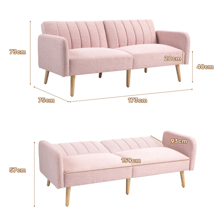 Sofá Cama de 2 Lugares com Encosto Ajustável em 3 Posições Apoio para os Braços Desmontável e Pés de Madeira Sofá Duplo Moderno para Sala de Estar Escritório 173x75x73 cm Rosa