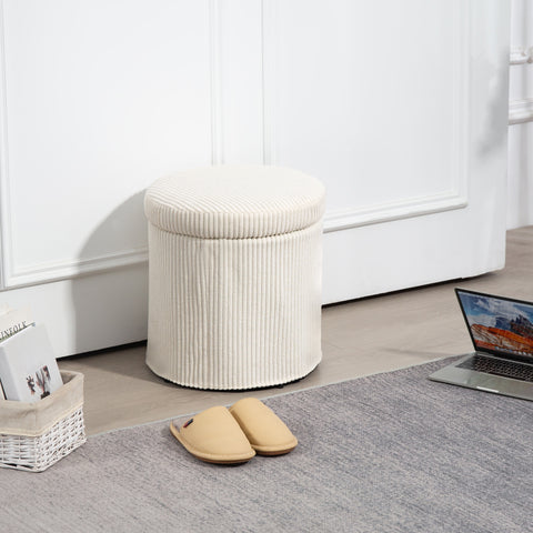 Puff de Arrumação Baú de Arrumação Redondo Estofado em Veludo Cotelê Assento Acolchoado Tampa Removível para Corredor Quarto Sala Ø40x41 cm Creme