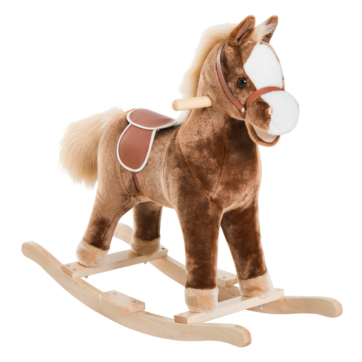 Cavalo de Baloiço para Criança +3 Anos Cavalo de Brinquedo com Alças Estrutura em Metal e Base em Madeira Carga 40 kg 74x33x62 cm Castanho