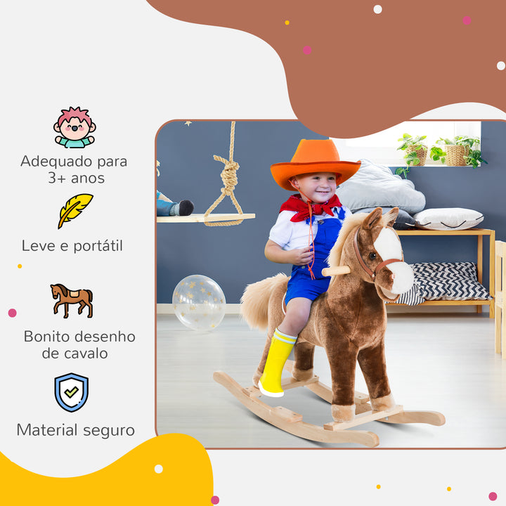 Cavalo de Baloiço para Criança +3 Anos Cavalo de Brinquedo com Alças Estrutura em Metal e Base em Madeira Carga 40 kg 74x33x62 cm Castanho