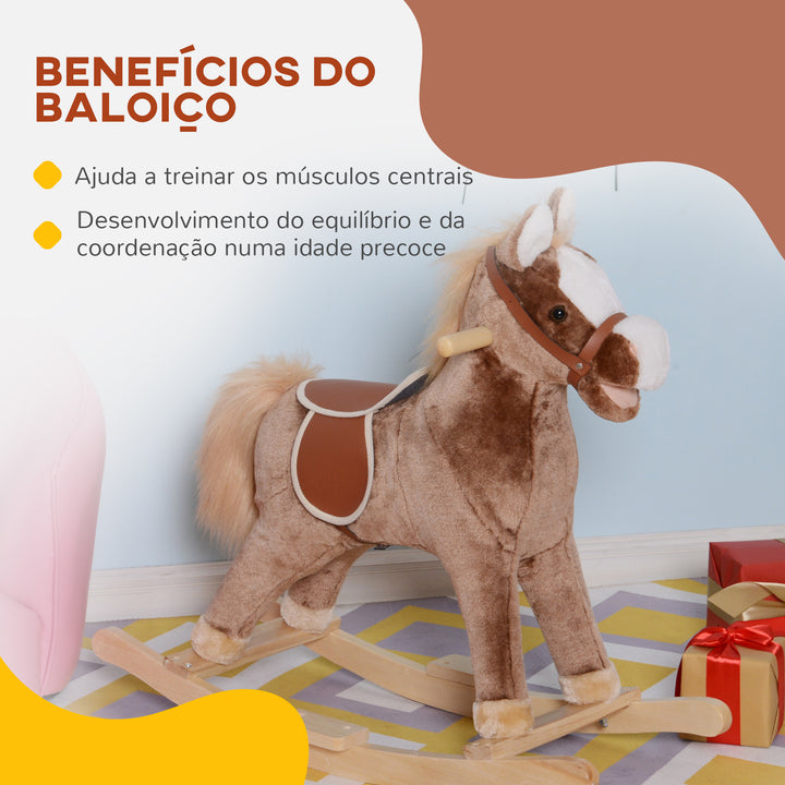 Cavalo de Baloiço para Criança +3 Anos Cavalo de Brinquedo com Alças Estrutura em Metal e Base em Madeira Carga 40 kg 74x33x62 cm Castanho