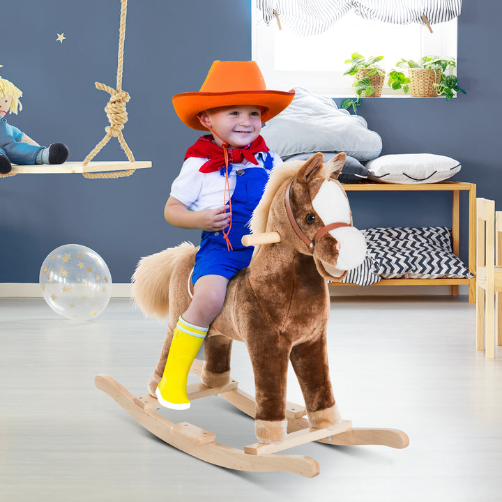 Cavalo de Baloiço para Criança +3 Anos Cavalo de Brinquedo com Alças Estrutura em Metal e Base em Madeira Carga 40 kg 74x33x62 cm Castanho