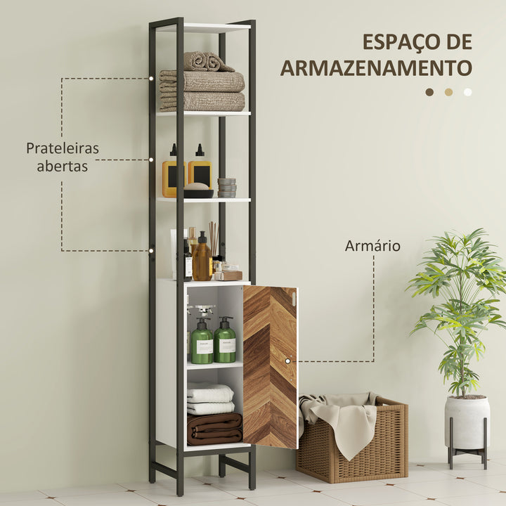 Coluna Casa de Banho Armário Alto Casa de Banho com 3 Prateleiras Abertas 1 Porta e Prateleira Ajustável Móvel Auxiliar Casa de Banho com Sistema Anti-Tombo 30x30x170 cm Branco e Madeira