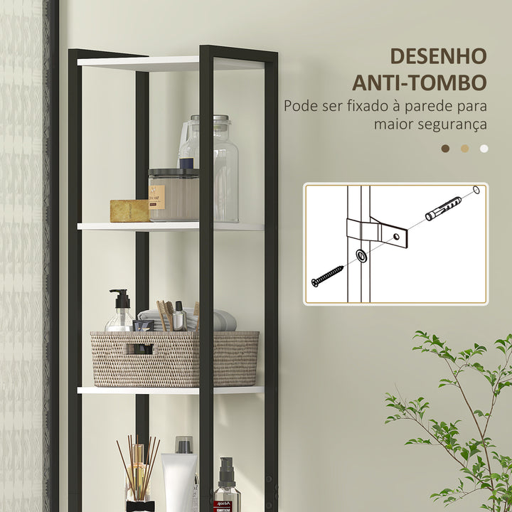 Coluna Casa de Banho Armário Alto Casa de Banho com 3 Prateleiras Abertas 1 Porta e Prateleira Ajustável Móvel Auxiliar Casa de Banho com Sistema Anti-Tombo 30x30x170 cm Branco e Madeira