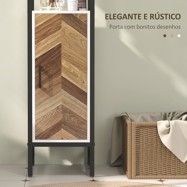 Coluna Casa de Banho Armário Alto Casa de Banho com 3 Prateleiras Abertas 1 Porta e Prateleira Ajustável Móvel Auxiliar Casa de Banho com Sistema Anti-Tombo 30x30x170 cm Branco e Madeira