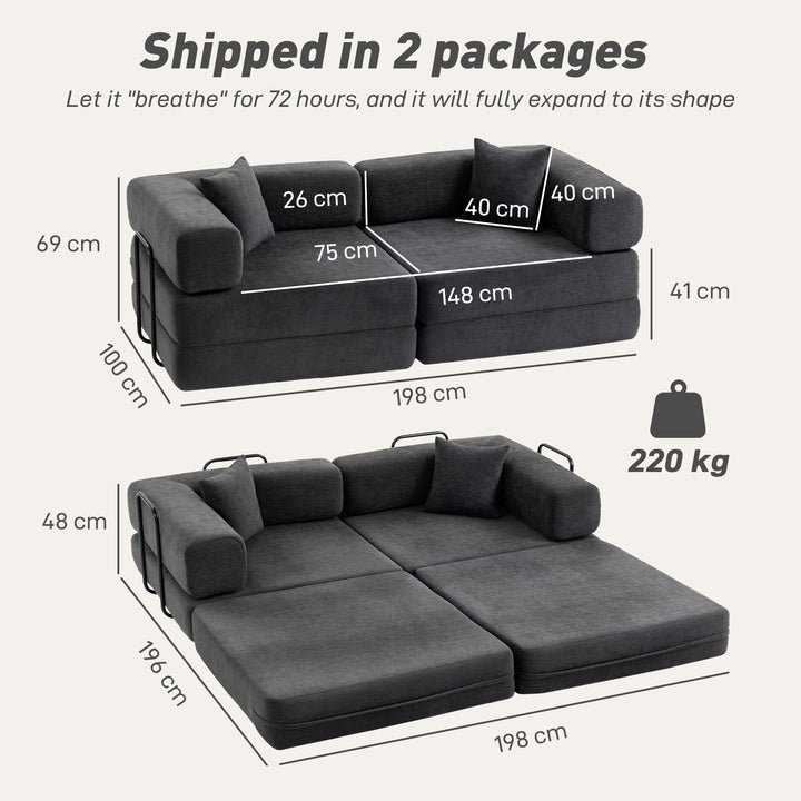 Sofá Cama de 2 Lugares Dobrável Sofá Cama Estofado em Chenilla com 2 Almofadas Braços Largos Acolchoamento Grosso Sem Necessidade de Montagem para Quarto Sala Cinzento Escuro