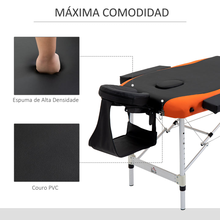 Marquesa Dobrável e Portátil para Fisioterapia - Preto e Laranja - Estrutura em PU e Alumínio - 185x60 cm