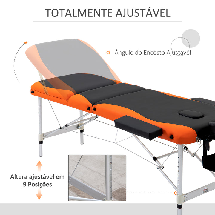 Marquesa Dobrável e Portátil para Fisioterapia - Preto e Laranja - Estrutura em PU e Alumínio - 185x60 cm