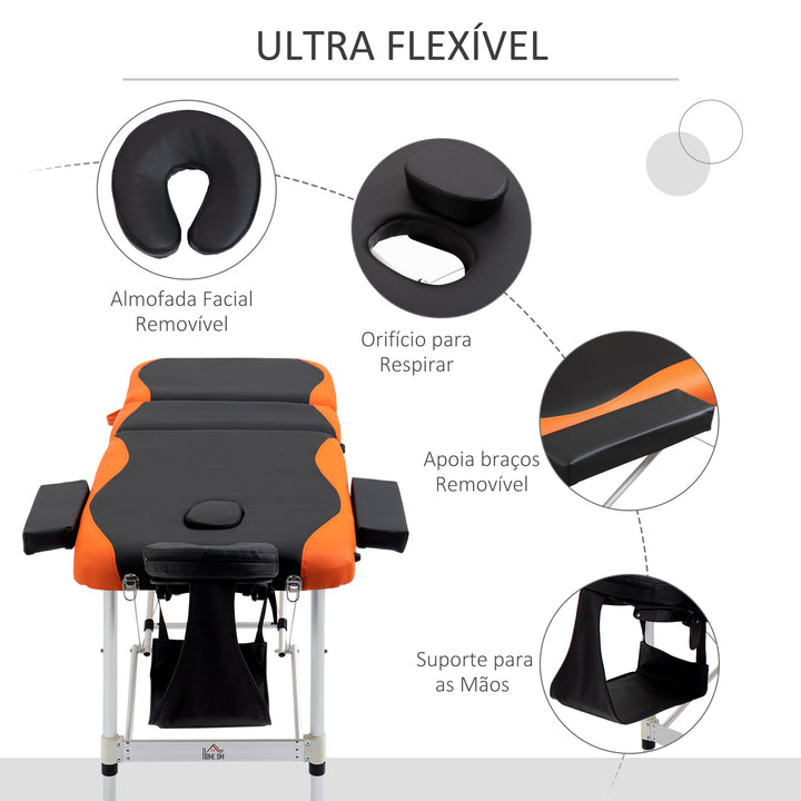 Marquesa Dobrável e Portátil para Fisioterapia - Preto e Laranja - Estrutura em PU e Alumínio - 185x60 cm