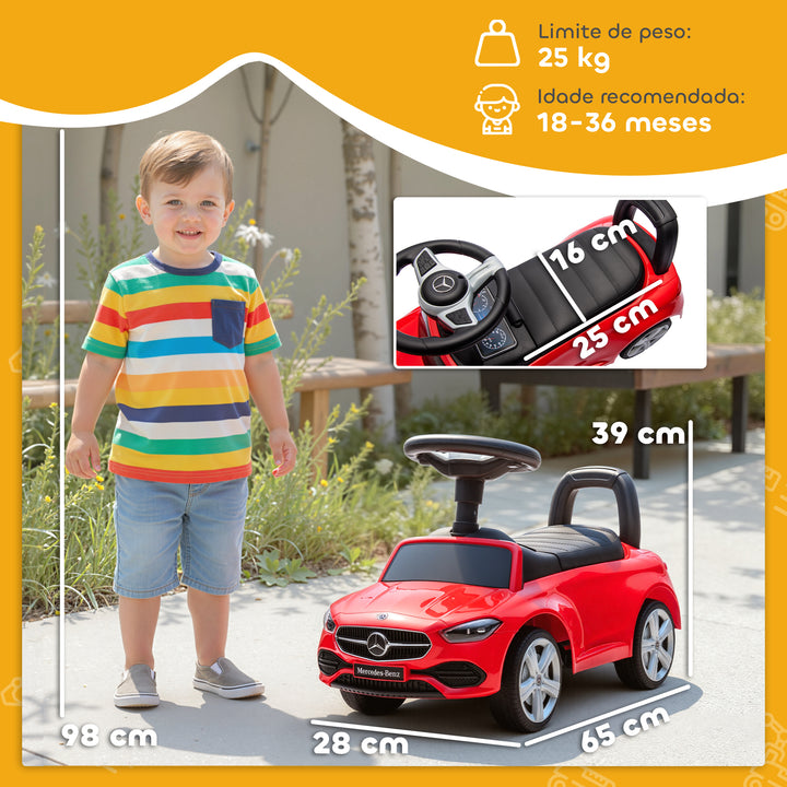 Carro Andador para Crianças de 18-36 Meses Mercedes-Benz Classe C Carro de Passeio com Buzina Volante Sons de Motor e Espaço de Armazenamento 65x28x39 cm Vermelho