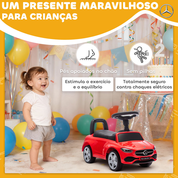 Carro Andador para Crianças de 18-36 Meses Mercedes-Benz Classe C Carro de Passeio com Buzina Volante Sons de Motor e Espaço de Armazenamento 65x28x39 cm Vermelho