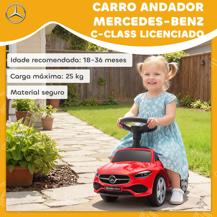Carro Andador para Crianças de 18-36 Meses Mercedes-Benz Classe C Carro de Passeio com Buzina Volante Sons de Motor e Espaço de Armazenamento 65x28x39 cm Vermelho