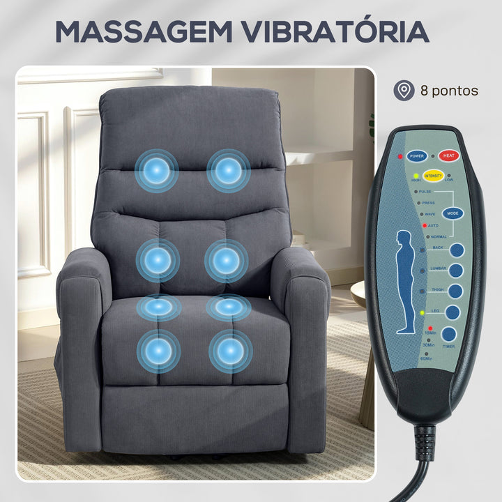 Poltrona de Massagem Relax Poltrona Levanta Pessoas com Reclinação Elétrica em até 135° com Controle Remoto e 8 Zonas de Massagem Estofado em Veludo Cotelê e Acolchoada 83x92x110 cm Cinza