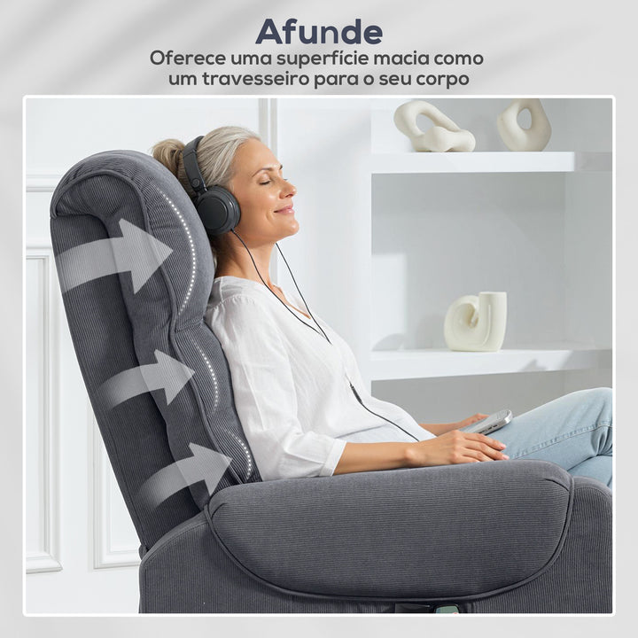 Poltrona de Massagem Relax Poltrona Levanta Pessoas com Reclinação Elétrica em até 135° com Controle Remoto e 8 Zonas de Massagem Estofado em Veludo Cotelê e Acolchoada 83x92x110 cm Cinza