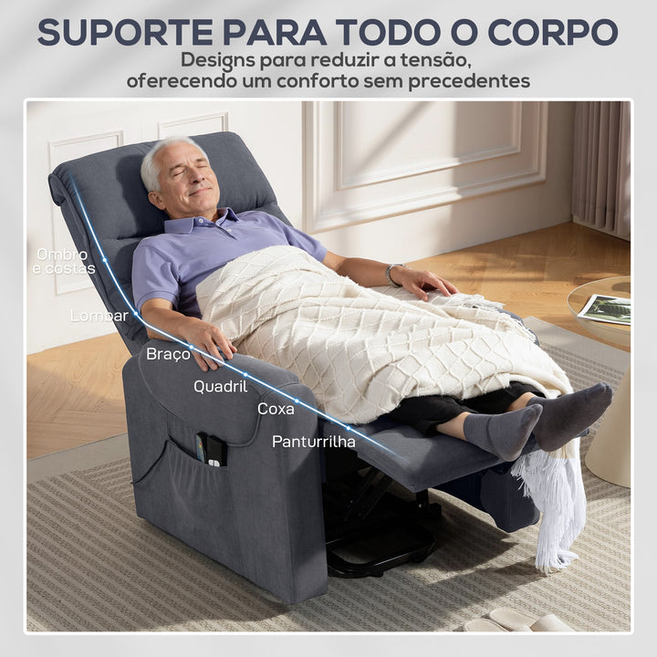 Poltrona de Massagem Relax Poltrona Levanta Pessoas com Reclinação Elétrica em até 135° com Controle Remoto e 8 Zonas de Massagem Estofado em Veludo Cotelê e Acolchoada 83x92x110 cm Cinza