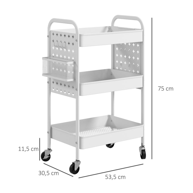 Carrinho Auxiliar com Rodas de Aço Carrinho de Armazenamento com 3 Bandejas 2 Cestos Pendurados e 6 Ganchos para Sala Cozinha Casa de Banho 53,5x30,5x75 cm Branco