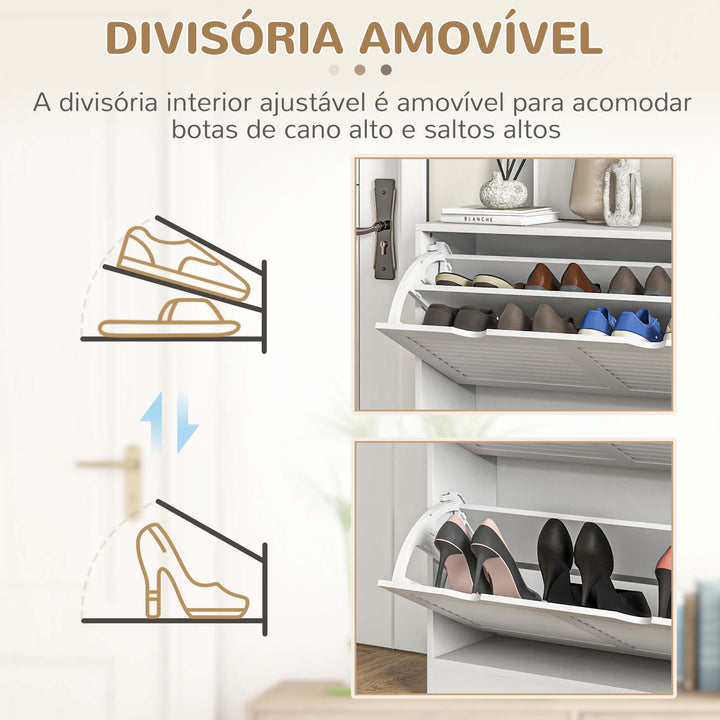 Sapateira Moderna Sapateira Entrada com 2 Gavetas Rebatíveis e Prateleias Ajustáveis para 16 Pares de Sapatos Sapateira Compacta para Corredor 81,5x25x83 cm Branco