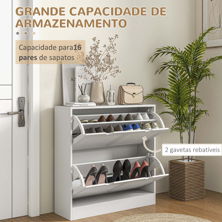 Sapateira Moderna Sapateira Entrada com 2 Gavetas Rebatíveis e Prateleias Ajustáveis para 16 Pares de Sapatos Sapateira Compacta para Corredor 81,5x25x83 cm Branco