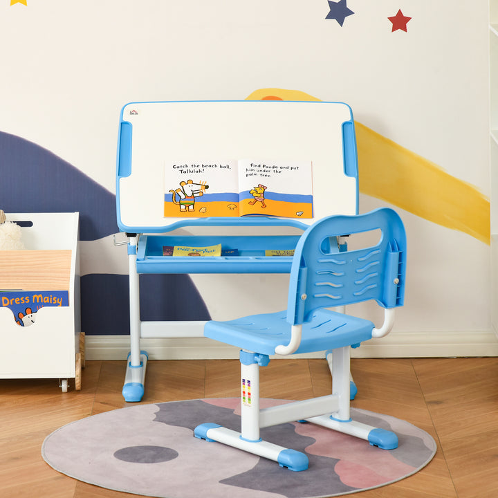 Secretária Infantil 2 em 1 Conjunto de Secretária e Cadeira para Crianças acima de 6 Anos com Altura Ajustável Mesa com Ângulos Regulável e Bandeja Deslizante 66x47x77cm Azul