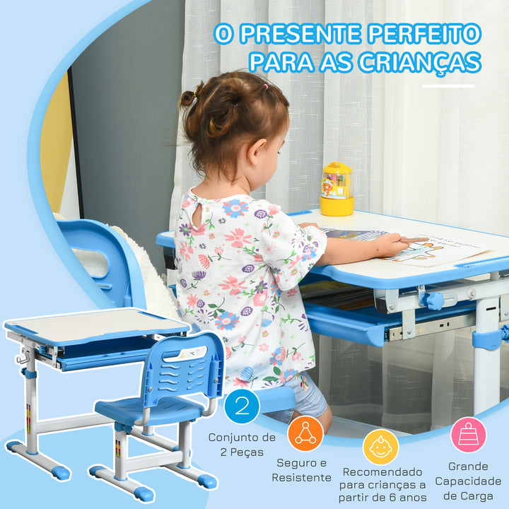Secretária Infantil 2 em 1 Conjunto de Secretária e Cadeira para Crianças acima de 6 Anos com Altura Ajustável Mesa com Ângulos Regulável e Bandeja Deslizante 66x47x77cm Azul