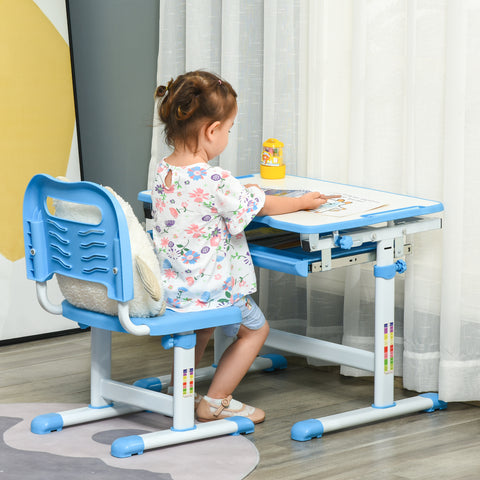 Secretária Infantil 2 em 1 Conjunto de Secretária e Cadeira para Crianças acima de 6 Anos com Altura Ajustável Mesa com Ângulos Regulável e Bandeja Deslizante 66x47x77cm Azul