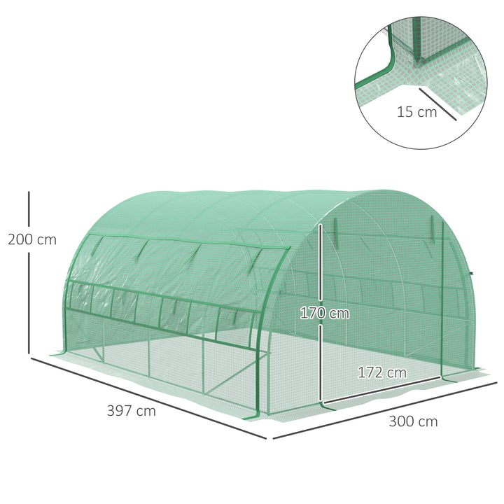 Estufa de Túnel de Jardim 397x300x200 cm com Porta Lateriais e Janelas Enroláveis Cobertura de PE 140g/m² e Metal Galvanizado para Cultivos de Plantas Verduras Verde