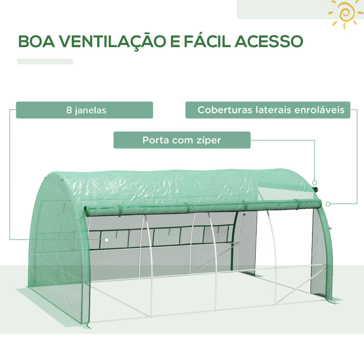 Estufa de Túnel de Jardim 397x300x200 cm com Porta Lateriais e Janelas Enroláveis Cobertura de PE 140g/m² e Metal Galvanizado para Cultivos de Plantas Verduras Verde