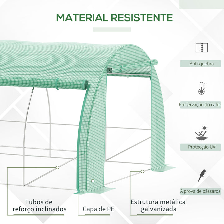 Estufa de Túnel de Jardim 397x300x200 cm com Porta Lateriais e Janelas Enroláveis Cobertura de PE 140g/m² e Metal Galvanizado para Cultivos de Plantas Verduras Verde